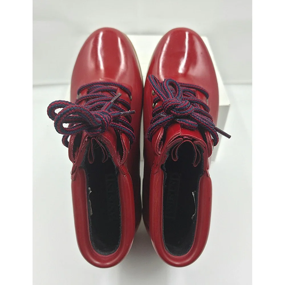 Vintage 90s Lands End Red Rubber Rain Boots Women 6 Lace Up Ankle Gum Sole 39422